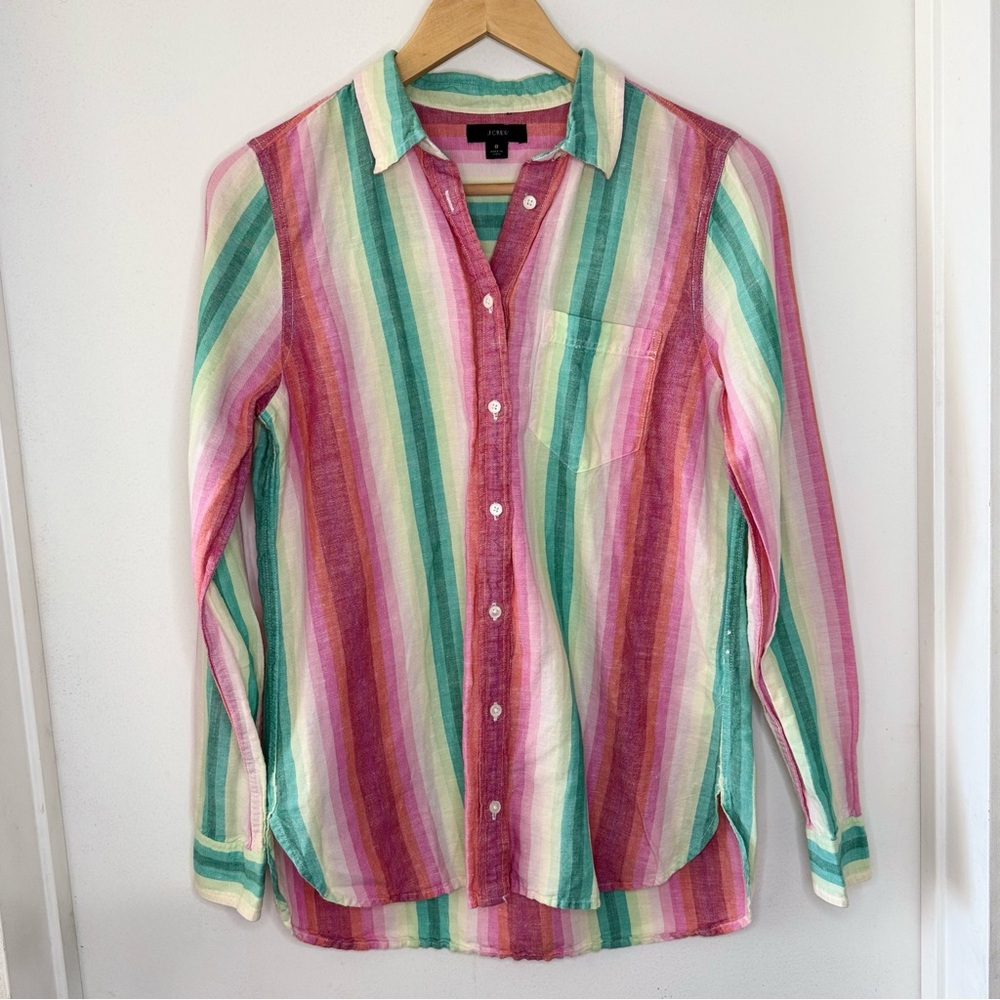 J.Crew Classic fit Boy Shirt rainbow striped linen & cotton Women’s 8 Button Up